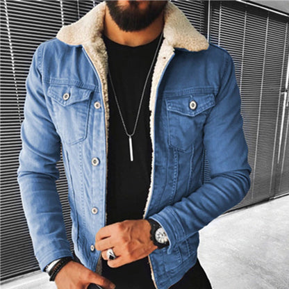 Men’s Borg-Collar Washed Denim Trucker Jacket