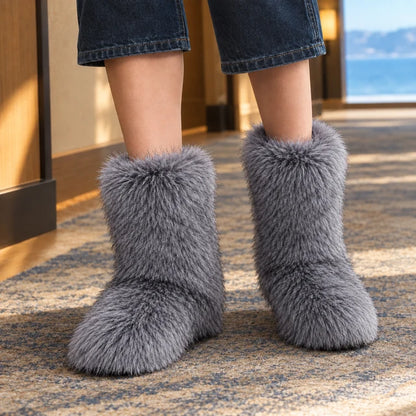 Women’s Mid-Calf Plush Boots with Long-Pile Texture and Flat Sole