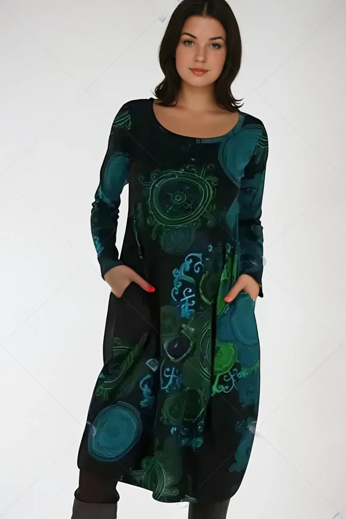 Women's Printed Relaxed-Fit Midi Dress with Long Sleeves and Side Pockets