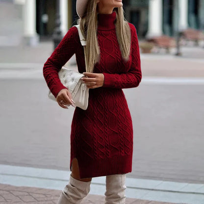 Women's Cable Knit Sweater Dress with Folded Turtleneck and Long Sleeves