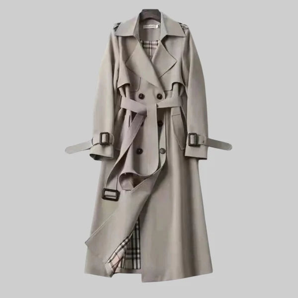 Women’s Long Double-Breasted Trench Coat with Adjustable Waist Belt