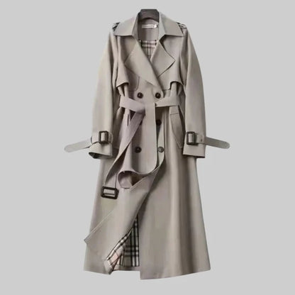 Women’s Long Double-Breasted Trench Coat with Adjustable Waist Belt