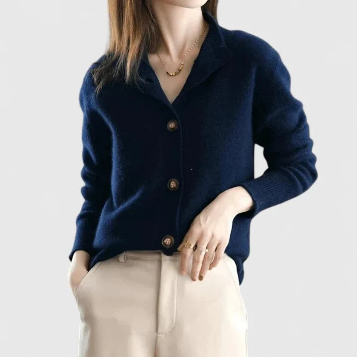 Women’s Relaxed Collared Knit Button-Front Cardigan with Long Sleeves
