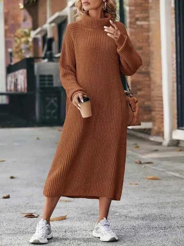 Women's Ribbed Turtleneck Maxi Sweater Dress with Long Sleeves