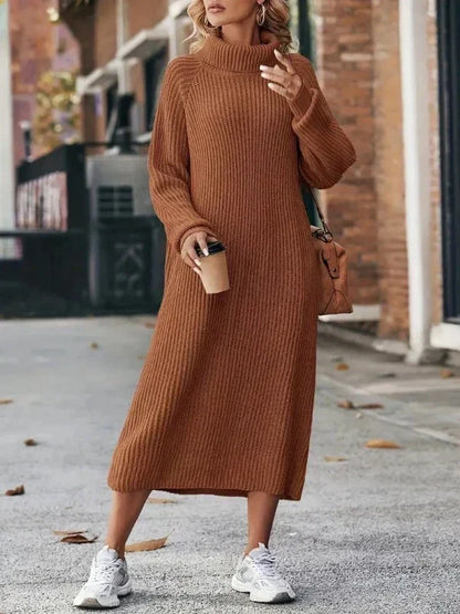 Women's Ribbed Turtleneck Maxi Sweater Dress with Long Sleeves