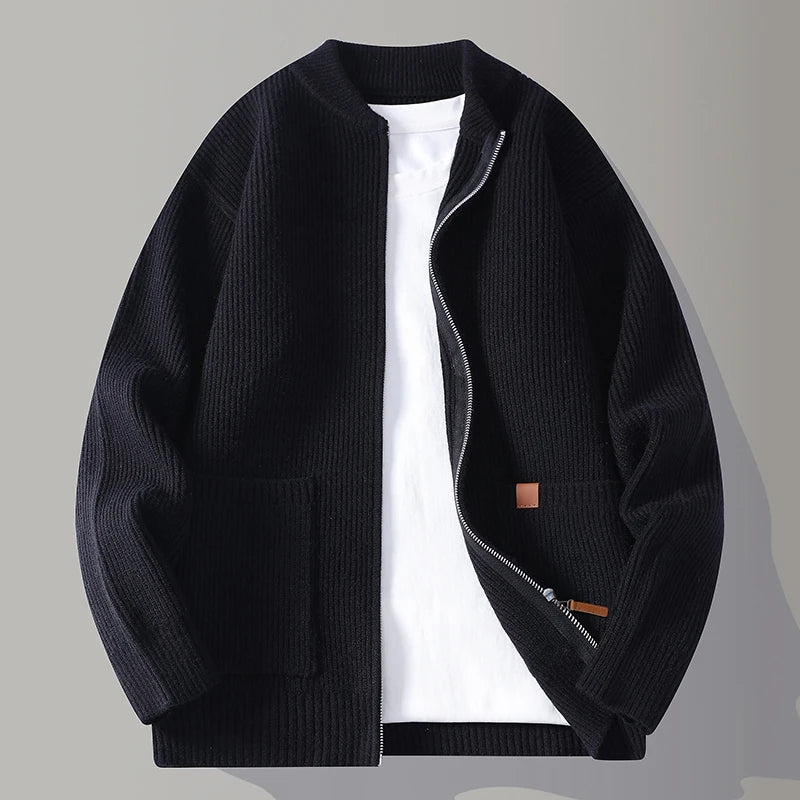 Men’s Vertical Rib Knit Pullover with Stand Collar