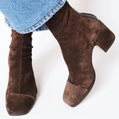 Women’s Suede Ankle Boots with Animal-Print Toe and Block Heel