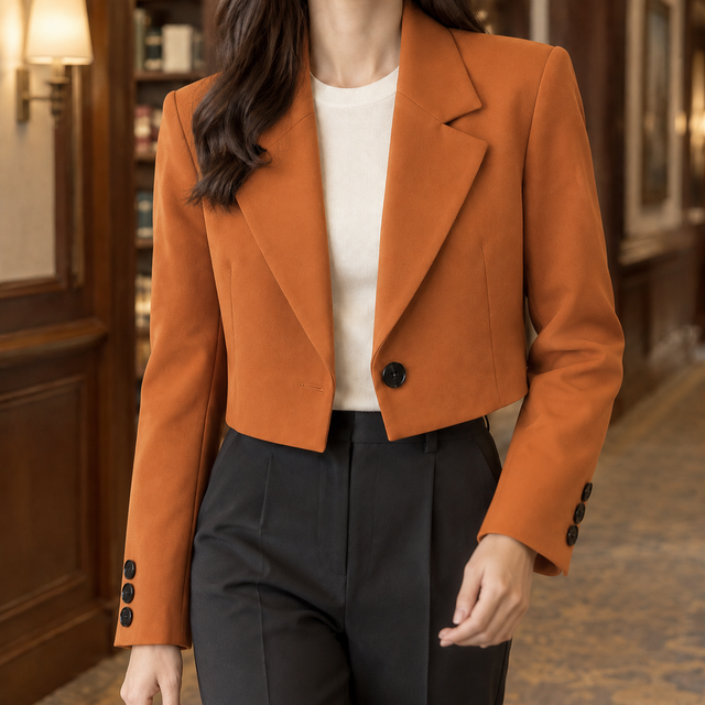 Women’s Cropped Tailored Blazer with Broad Notched Lapels