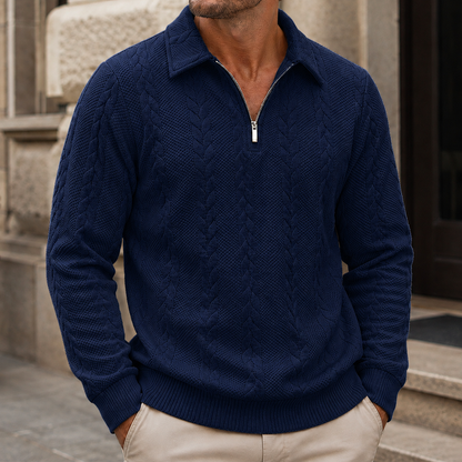 Men’s Textured Cable-Knit Collared Half-Zip Sweater