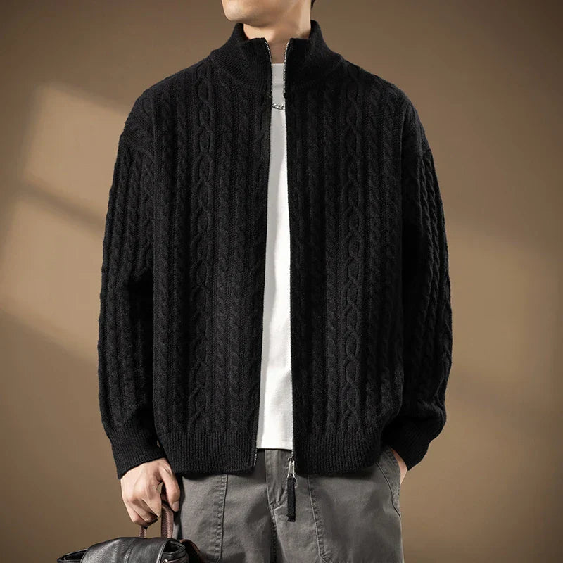 Men’s Textured Knit Two-Way Zip High-Collar Cardigan