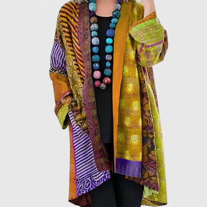 Women’s Longline Open-Front Patchwork Print Draped Cardigan with Flowing Sleeves