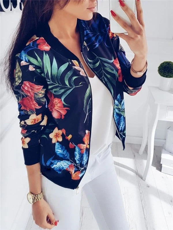 Women’s Floral Print Bomber Jacket with Ribbed Trim