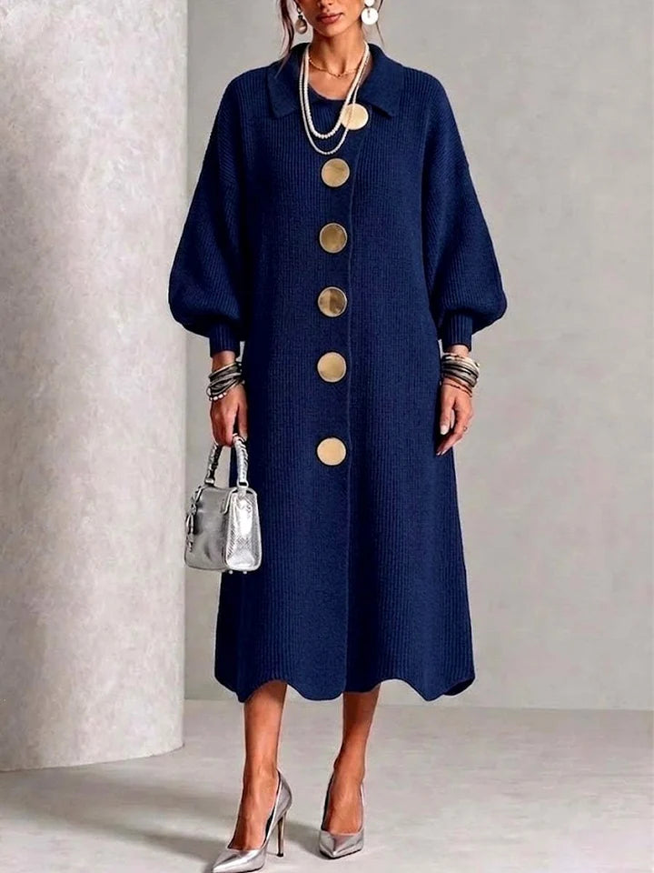 Women's Ribbed Knit Midi Dress with Collared Neck and Balloon Sleeves