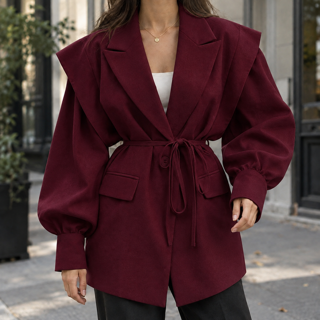 Belted Sculpted Shoulder Relaxed Jacket