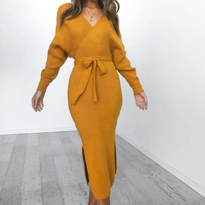 Women's Belted Wrap Knit Midi Dress with Batwing Sleeves