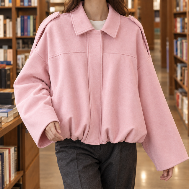 Cropped Suede Blouson Jacket with Gathered Hem