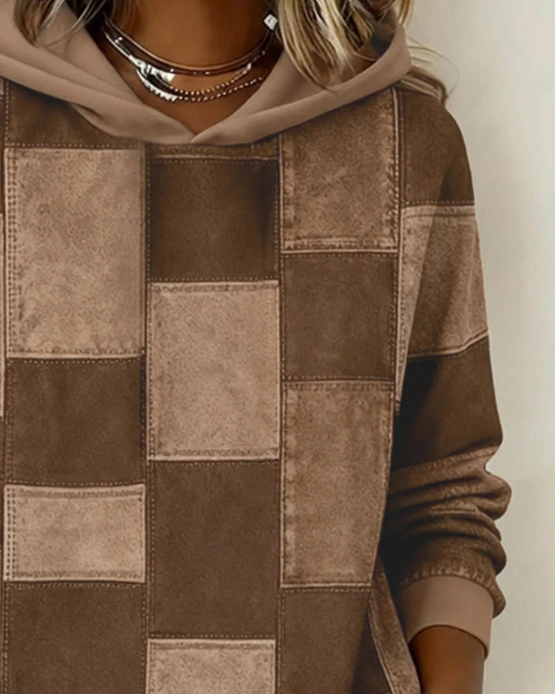 Women’s Checkered Patchwork Print Pullover Hoodie with Drawstring Hood