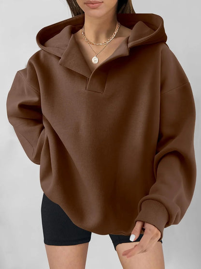 Women’s Oversized Collared V-Neck Pullover Hoodie with Ribbed Trim