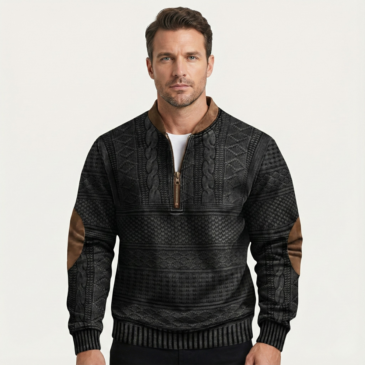 Men’s Textured Half-Zip Knit Sweater with Elbow Patches