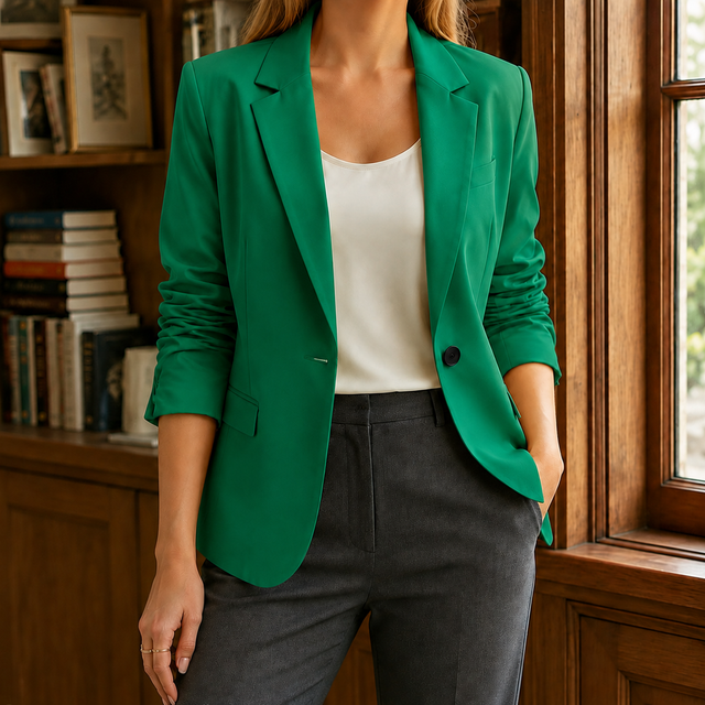 Women’s Hip-Length Blazer with Ruched Three-Quarter Sleeves
