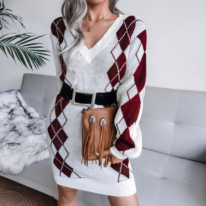 Women's Printed V-Neck Knit Mini Sweater Dress with Long Sleeves