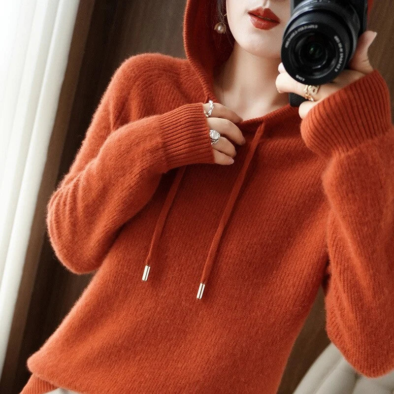 Women’s Relaxed Cashmere Knit Drawstring Hooded Pullover
