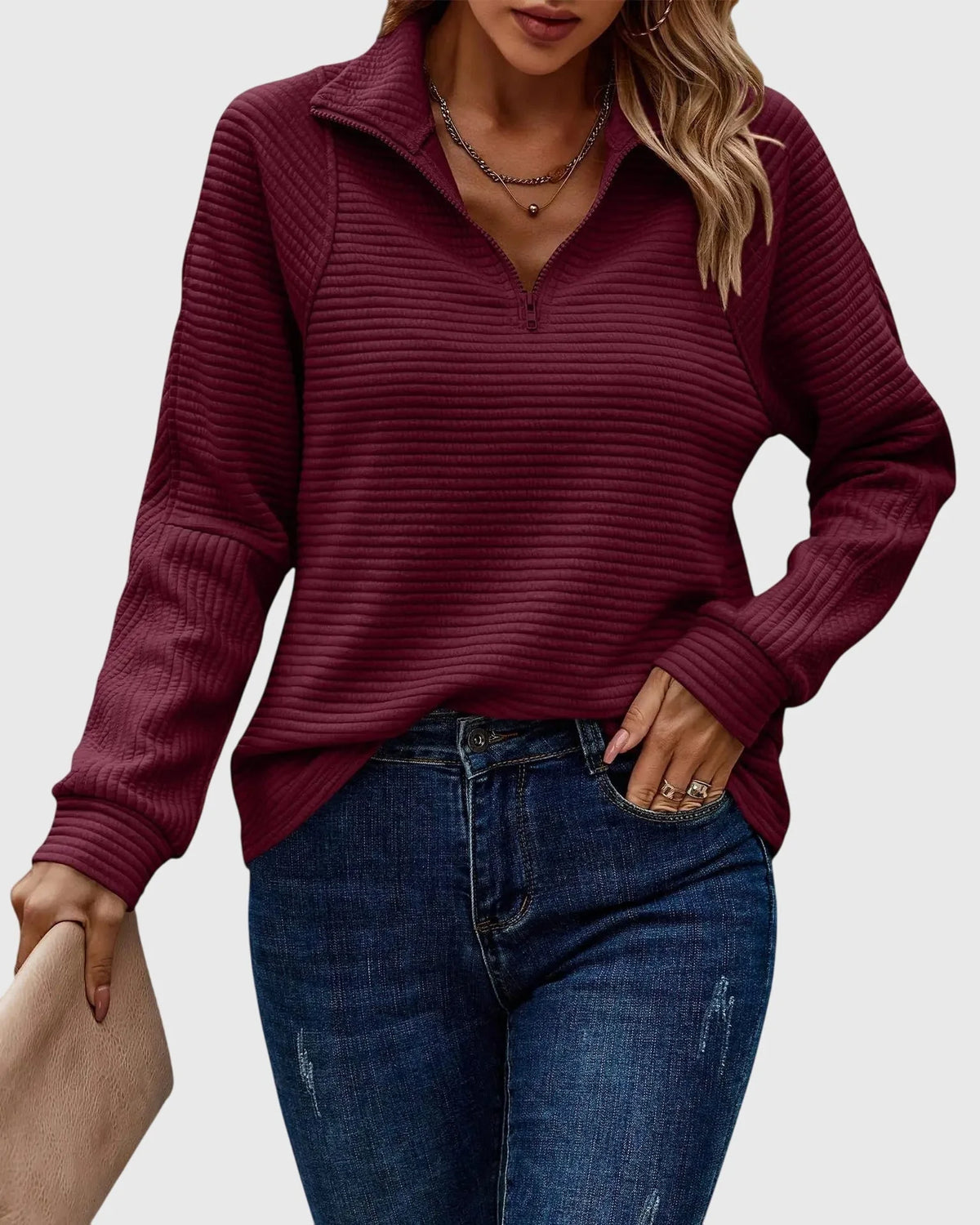 Women’s V-Neck Half-Zip Pullover Sweater with Elegant Fit