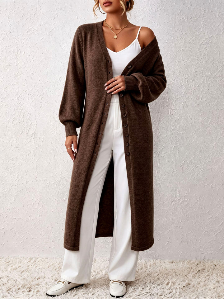 Women's Floor-Length Knit Cardigan Dress with Balloon Sleeves