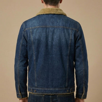 Men’s Sherpa-Collar Fleece-Lined Denim Trucker Jacket