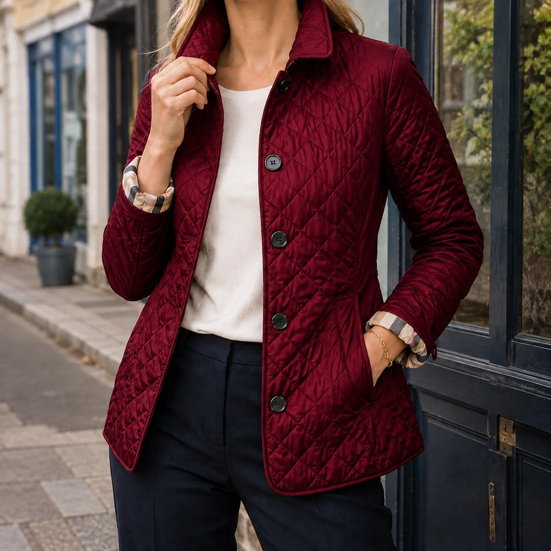 Women’s Diamond Quilted Jacket with Checked Turn-Back Cuffs