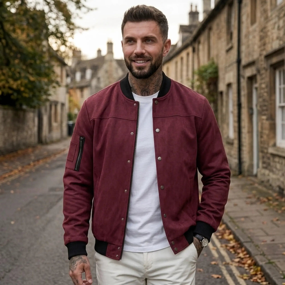 Men’s Suede-Texture Stand Collar Button-Up Jacket