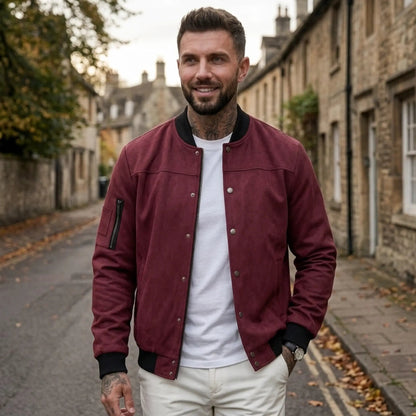 Men’s Suede-Texture Stand Collar Button-Up Jacket
