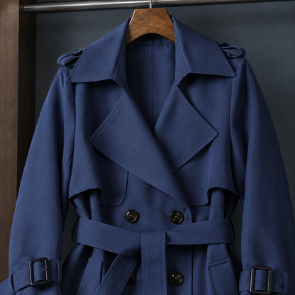 Long Flared Double-Breasted Belted Overcoat