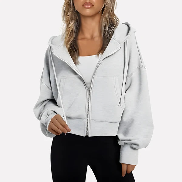 Women’s Cropped Zip-Up Hooded Jacket with Drawstring Detail