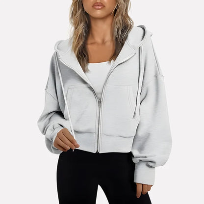 Women’s Cropped Zip-Up Hooded Jacket with Drawstring Detail