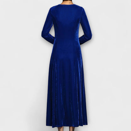 Women's Velvet A-Line Dress with Long Sleeves and Scoop Neck