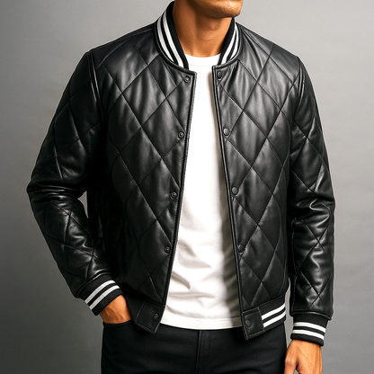 Men’s Quilted Leather Snap-Front Bomber Jacket