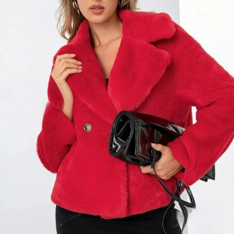 Women’s Plush Faux-Fur Double-Breasted Lapel Jacket