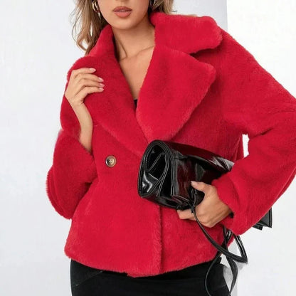 Women’s Plush Faux-Fur Double-Breasted Lapel Jacket