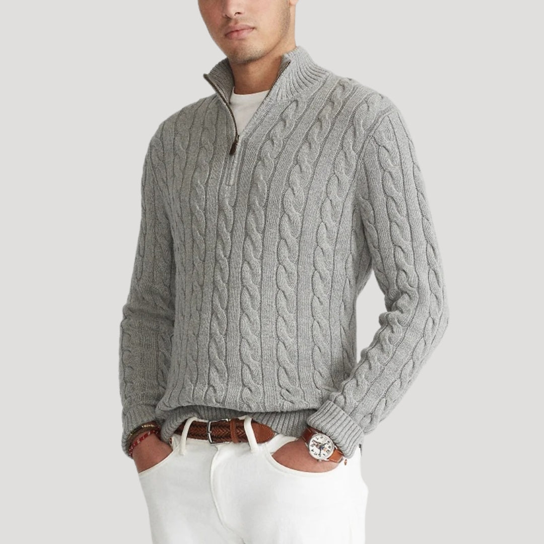 Men’s Classic Cable-Knit Half-Zip Wool Sweater