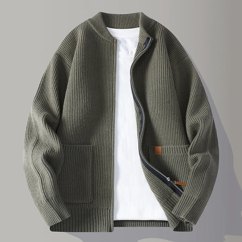 Men’s Vertical Rib Knit Pullover with Stand Collar