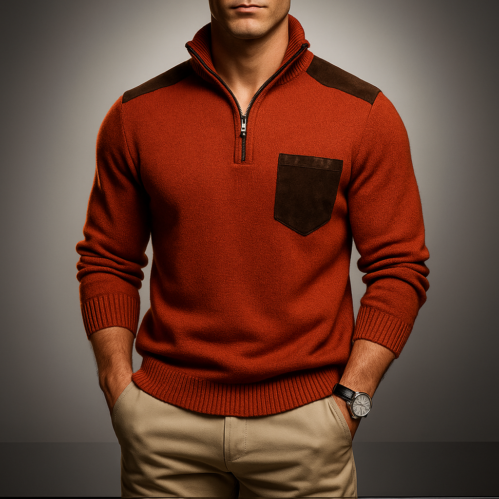 Men’s Contrast Panel Quarter-Zip High Collar Sweater