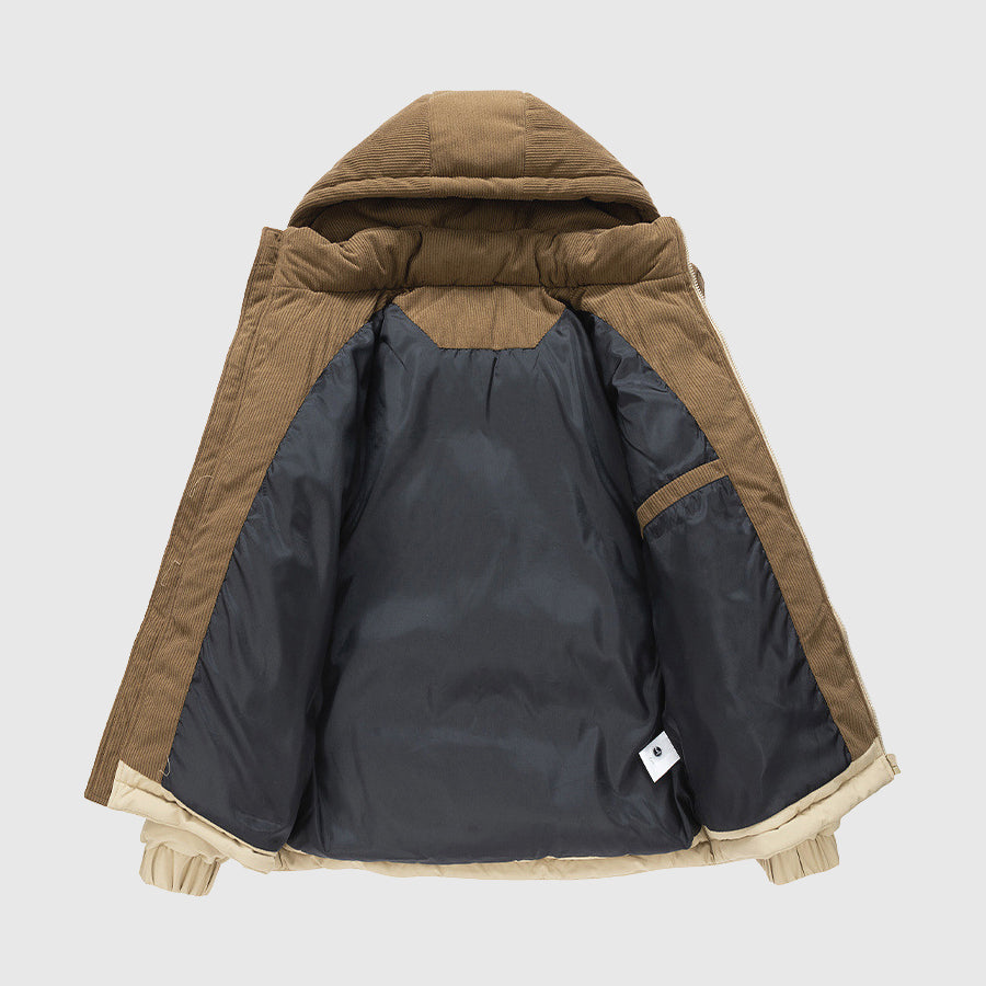 Men’s Corduroy Panel Quilted Hooded Puffer Jacket