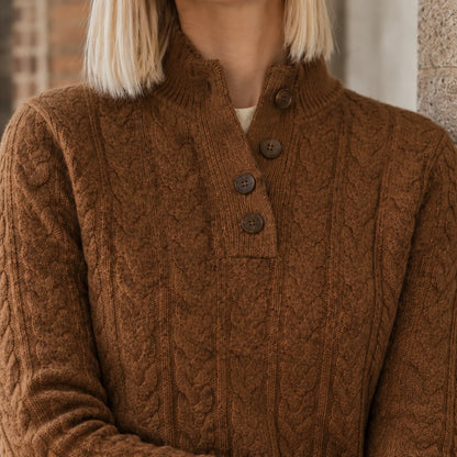 Women’s Cable Knit Button-Neck Cashmere Blend Sweater