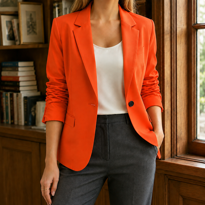 Women’s Hip-Length Blazer with Ruched Three-Quarter Sleeves