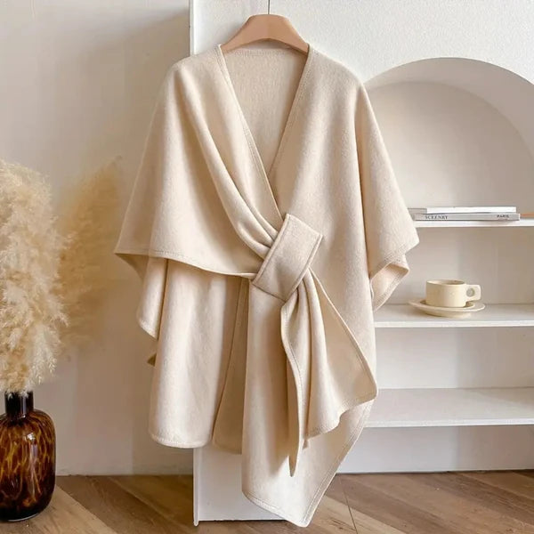 Women’s Windproof Belted Cape Coat with Draped Silhouette