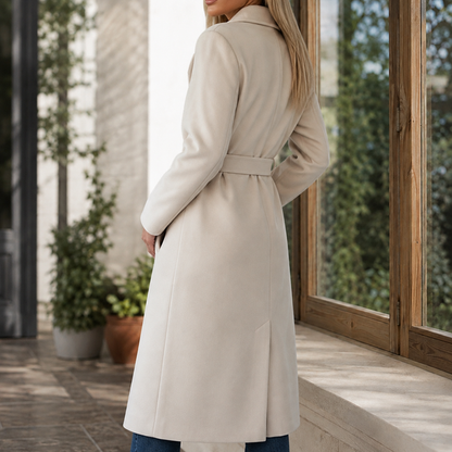Women’s Long Double-Breasted Belted Coat with Wide Lapels