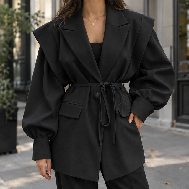 Belted Sculpted Shoulder Relaxed Jacket
