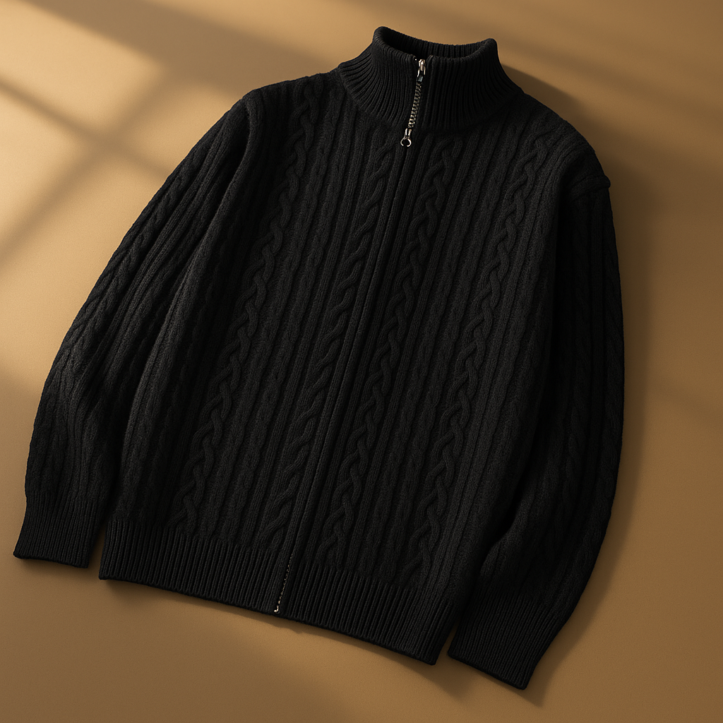 Men’s Textured Knit Two-Way Zip High-Collar Cardigan