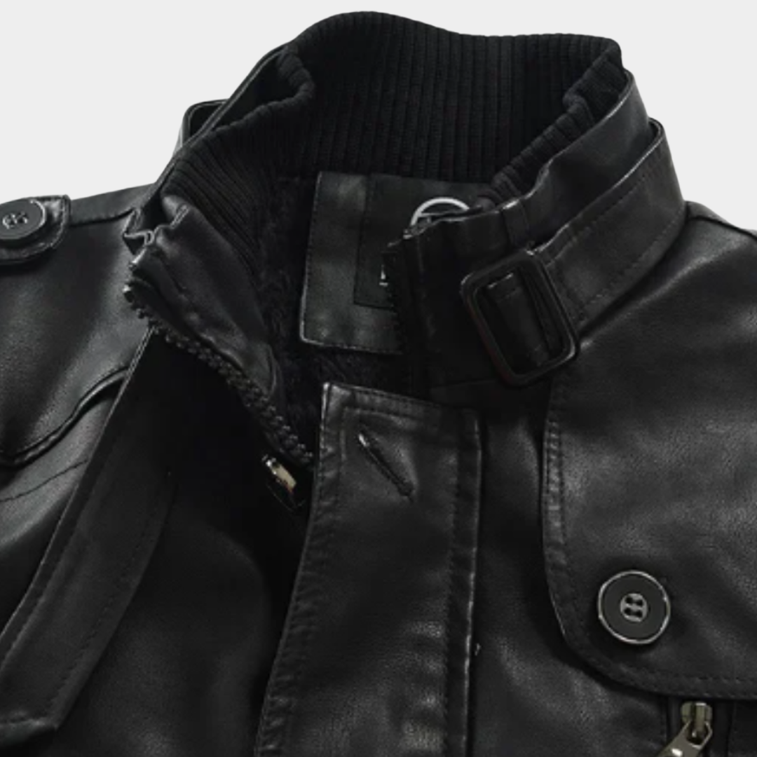 Men’s Longline Buckled Stand-Collar Biker Jacket